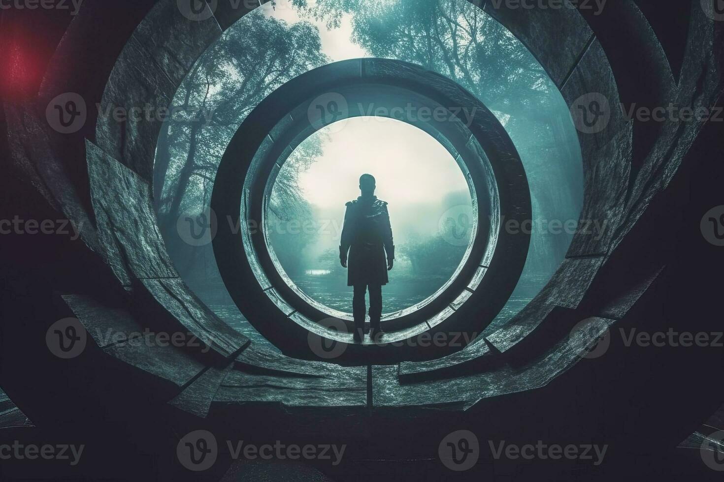 a person standing in front of a circular tunnel generative AI photo
