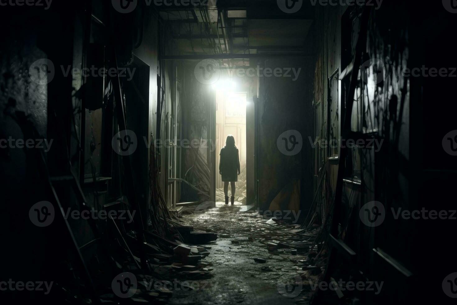 a person standing in the dark hallway of an abandoned building generative AI photo