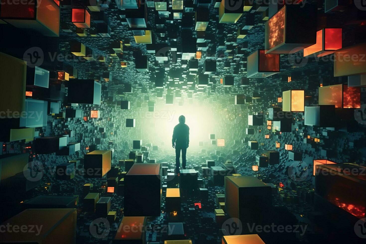 a person standing in front of a tunnel filled with cubes generative AI photo