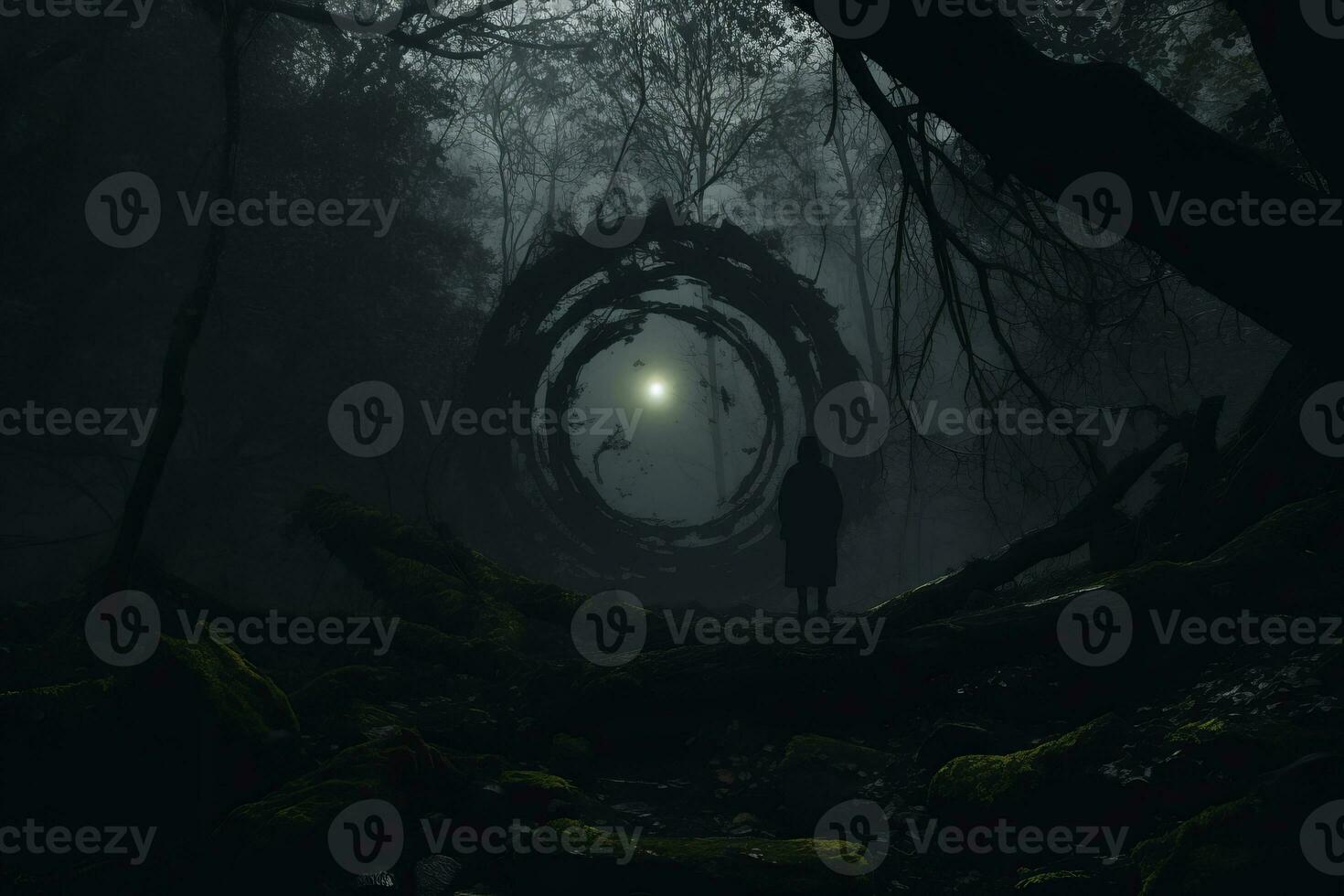 a person standing in the middle of a dark forest generative AI photo