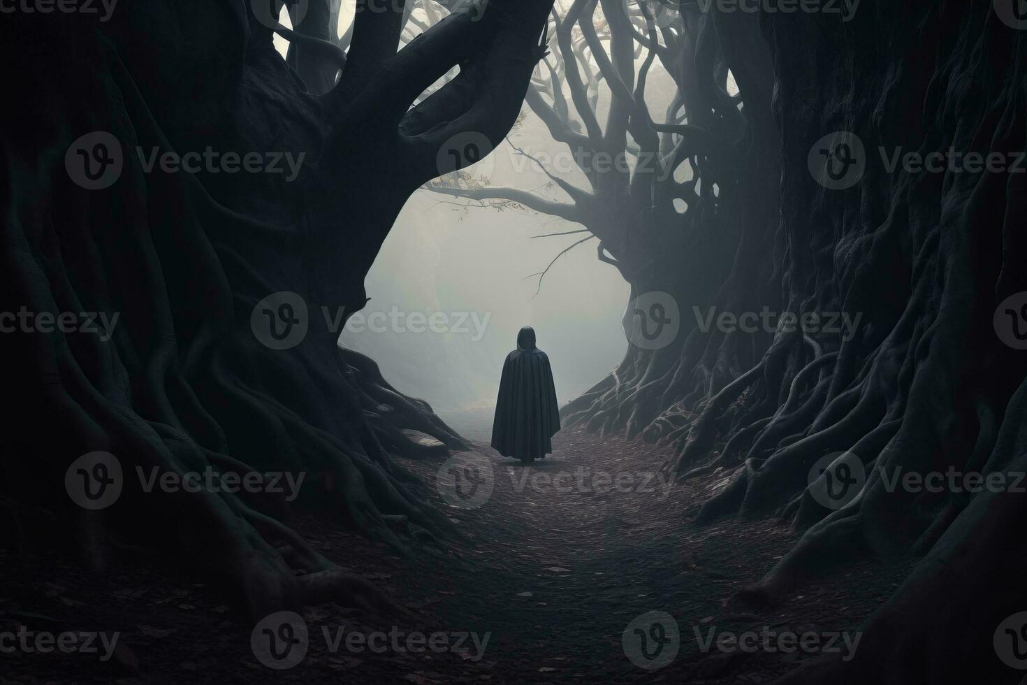 a person standing in the middle of a dark forest generative AI photo