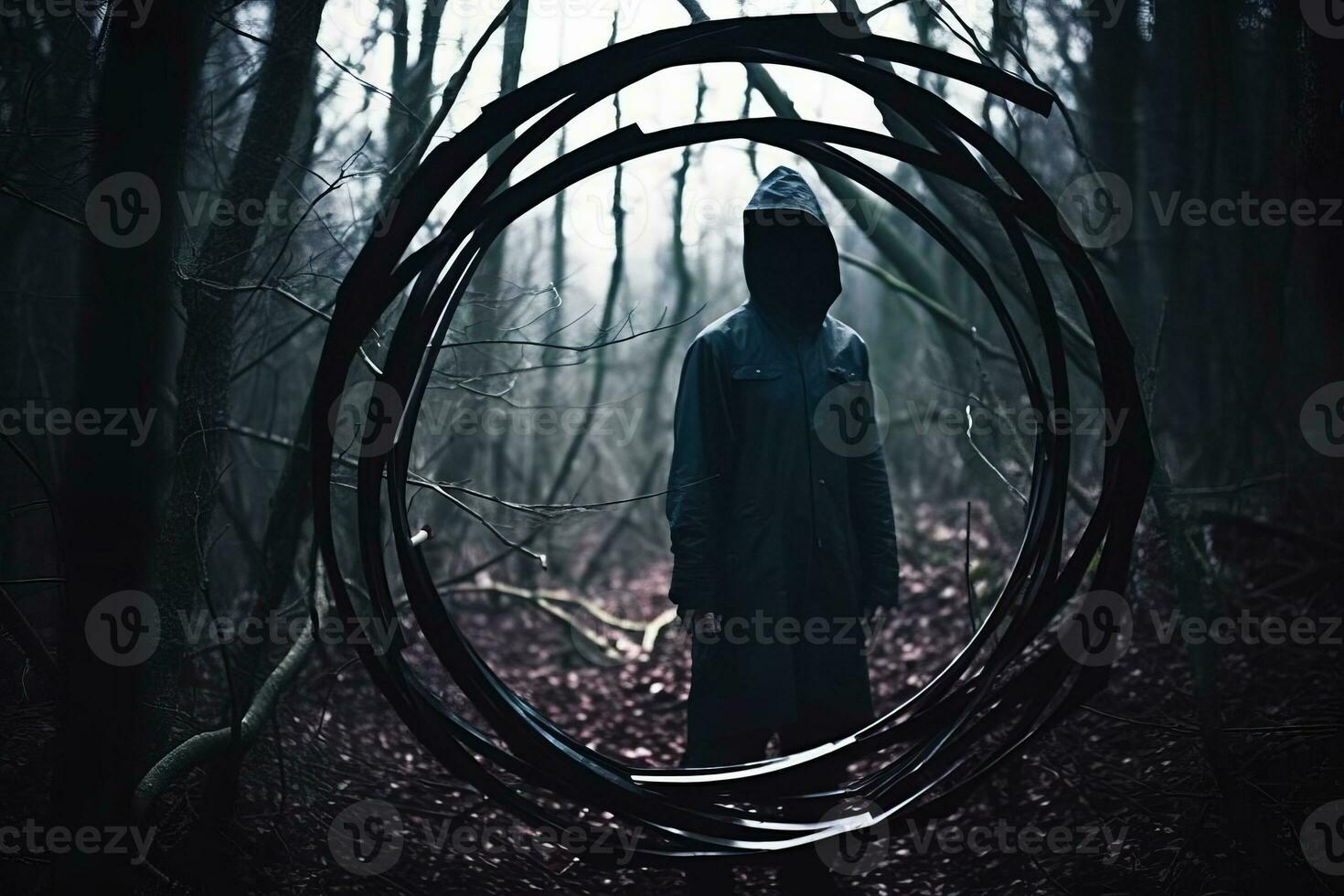 a person standing in the middle of a dark forest generative AI photo