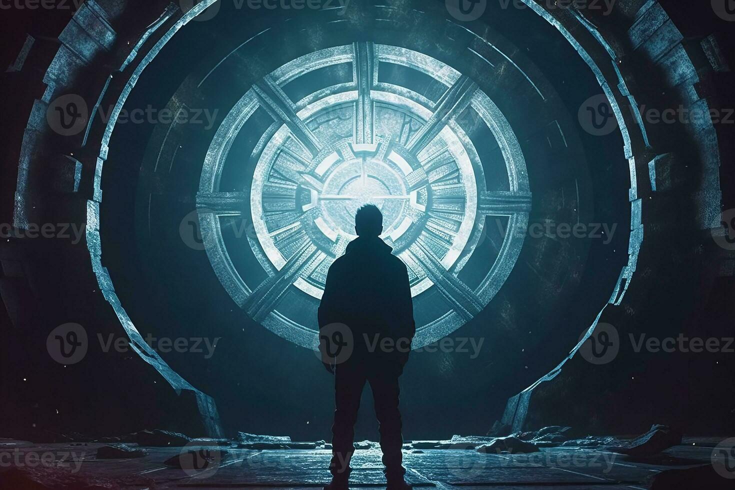 a person standing in front of a large circular door generative AI photo