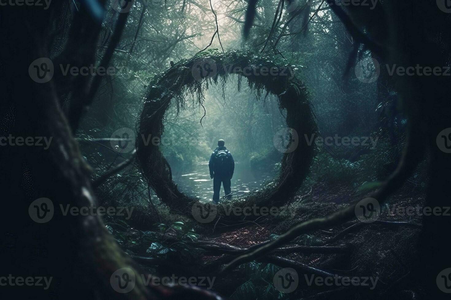 a person standing in the middle of a dark forest generative AI photo