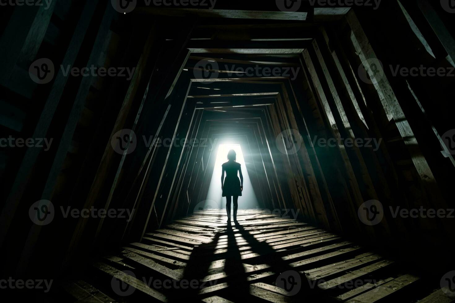 a person standing in the middle of a dark tunnel generative AI photo