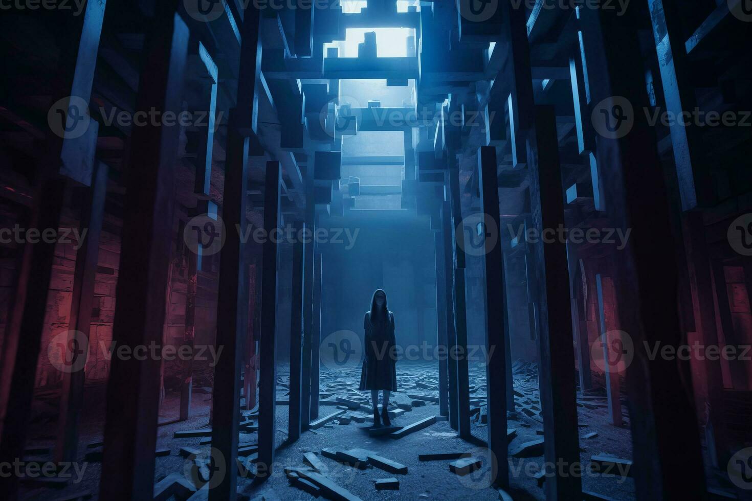 a person standing in the middle of a dark room generative AI photo