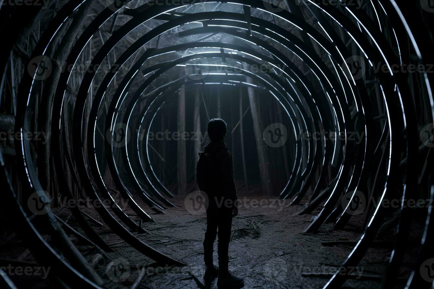 a person standing in the middle of a dark tunnel generative AI photo