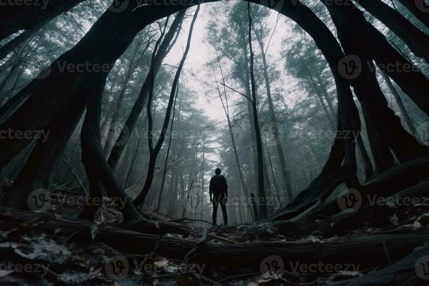 a person standing in the middle of a dark forest generative AI photo
