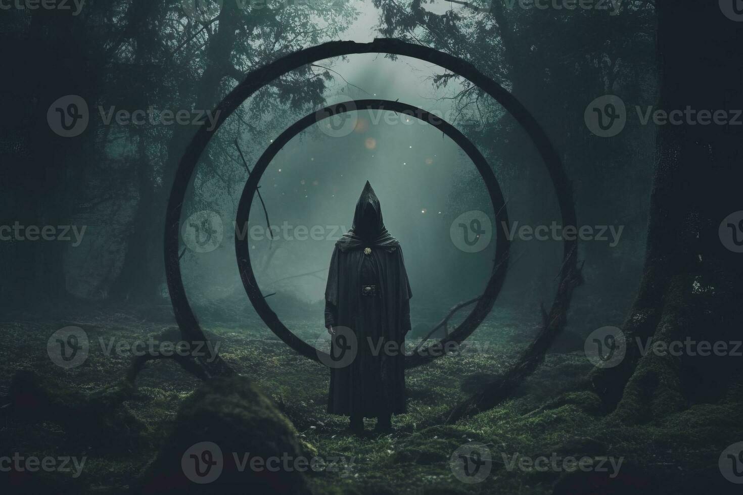 a person standing in the middle of a forest with a ring around them generative AI photo
