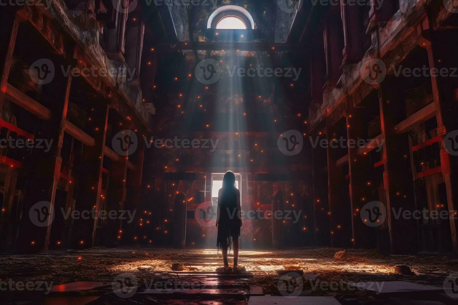 a person standing in the middle of an abandoned building generative AI photo
