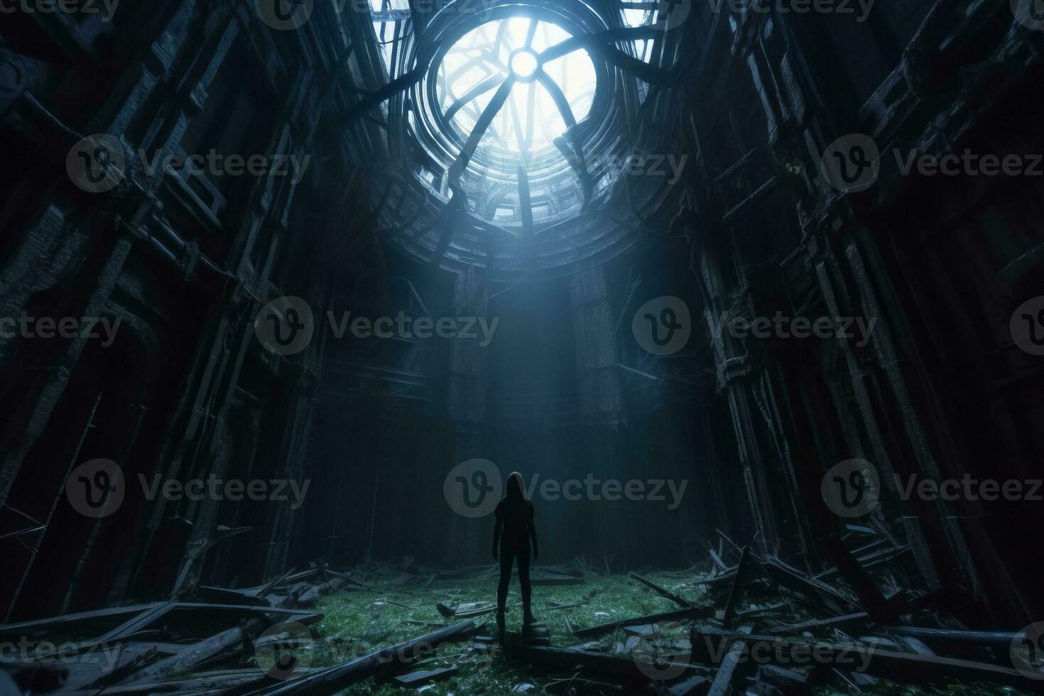 a person standing in the middle of an abandoned building generative AI photo