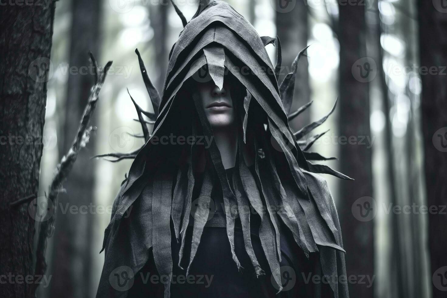 a person wearing a hooded cloak in the woods generative AI photo