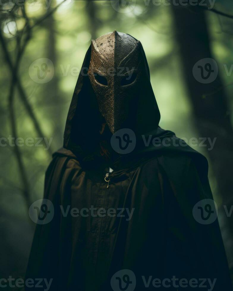 a person wearing a hooded cloak in the woods generative AI photo