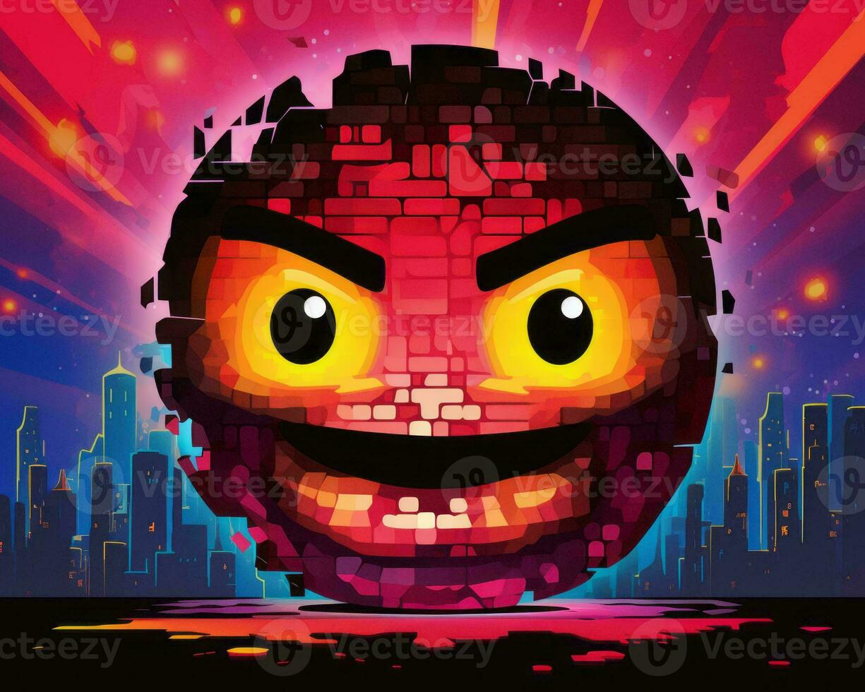 a pixel ball with an angry face in front of a city generative AI photo