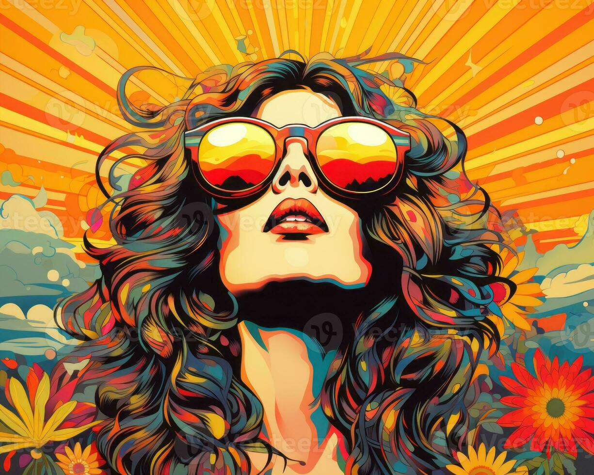 a pop art style illustration of a woman with sunglasses generative AI photo
