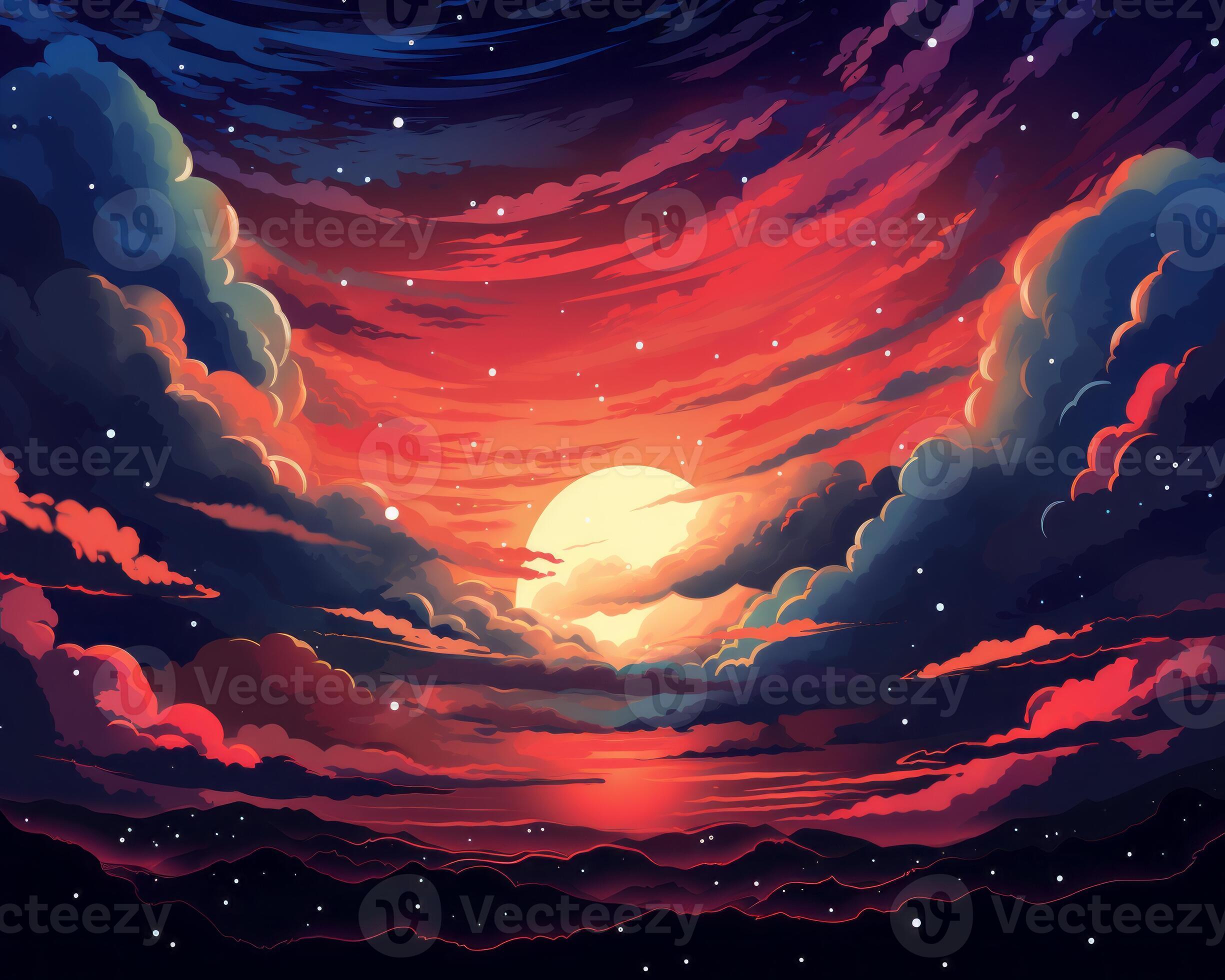 a red and blue sky with clouds and a full moon in the background