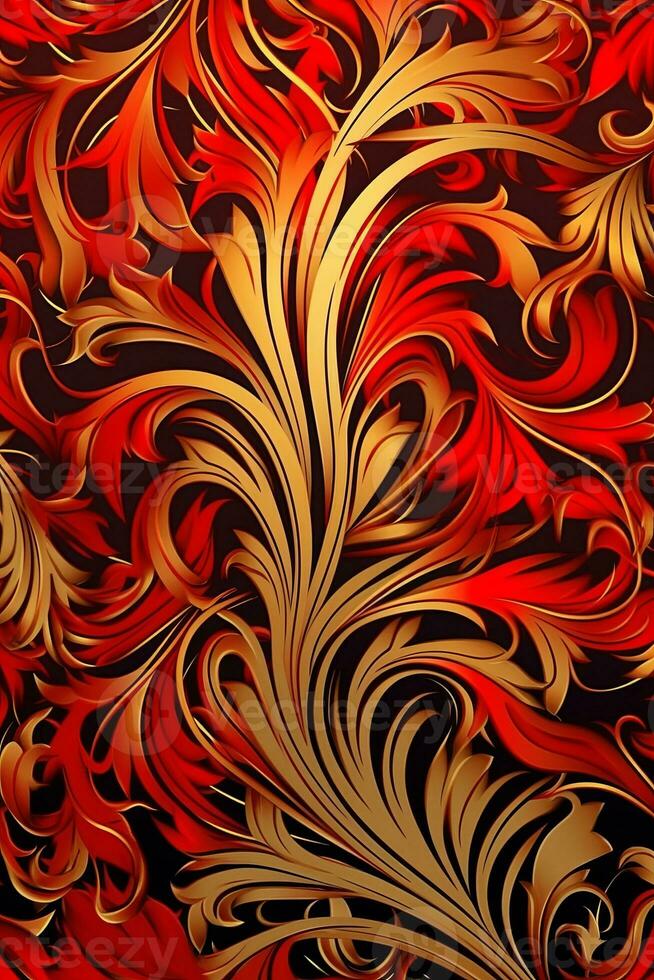a red and gold floral pattern on a black background generative AI photo