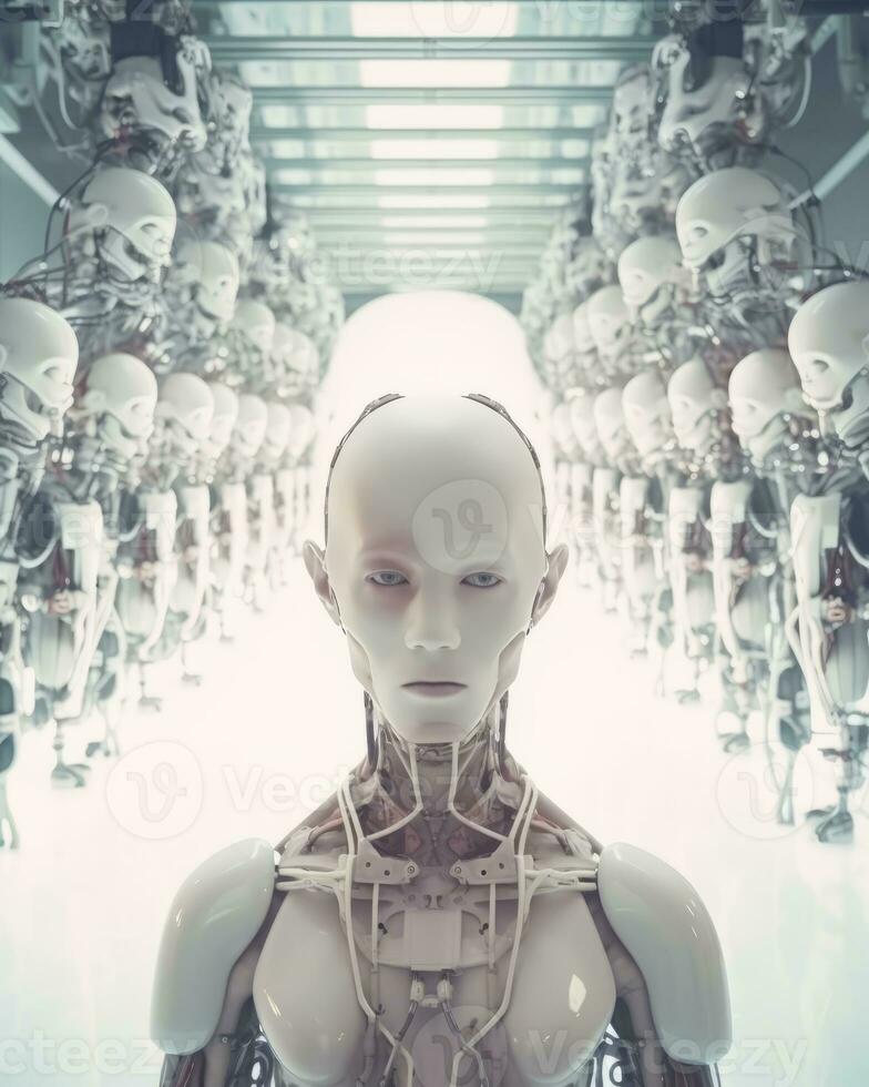 a robot standing in front of a large group of robots generative AI photo