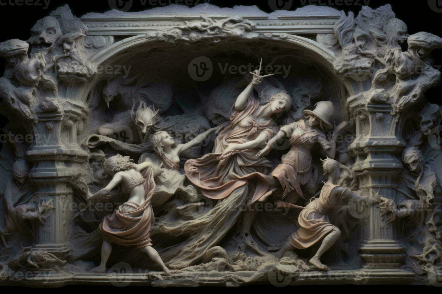 a sculpture depicting a group of people in the middle of a room generative AI photo