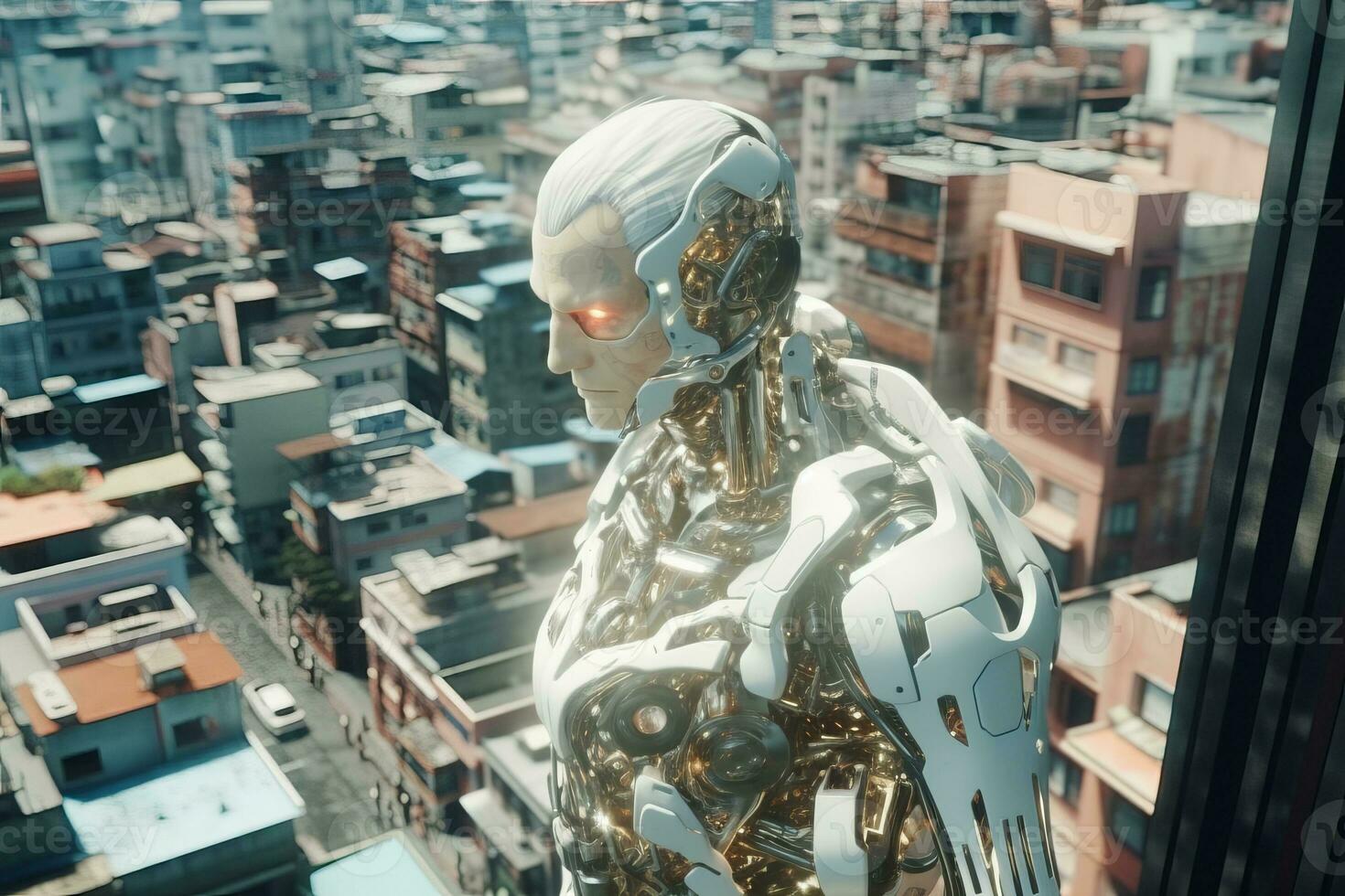 a robot standing in front of a city with skyscrapers in the background generative AI photo