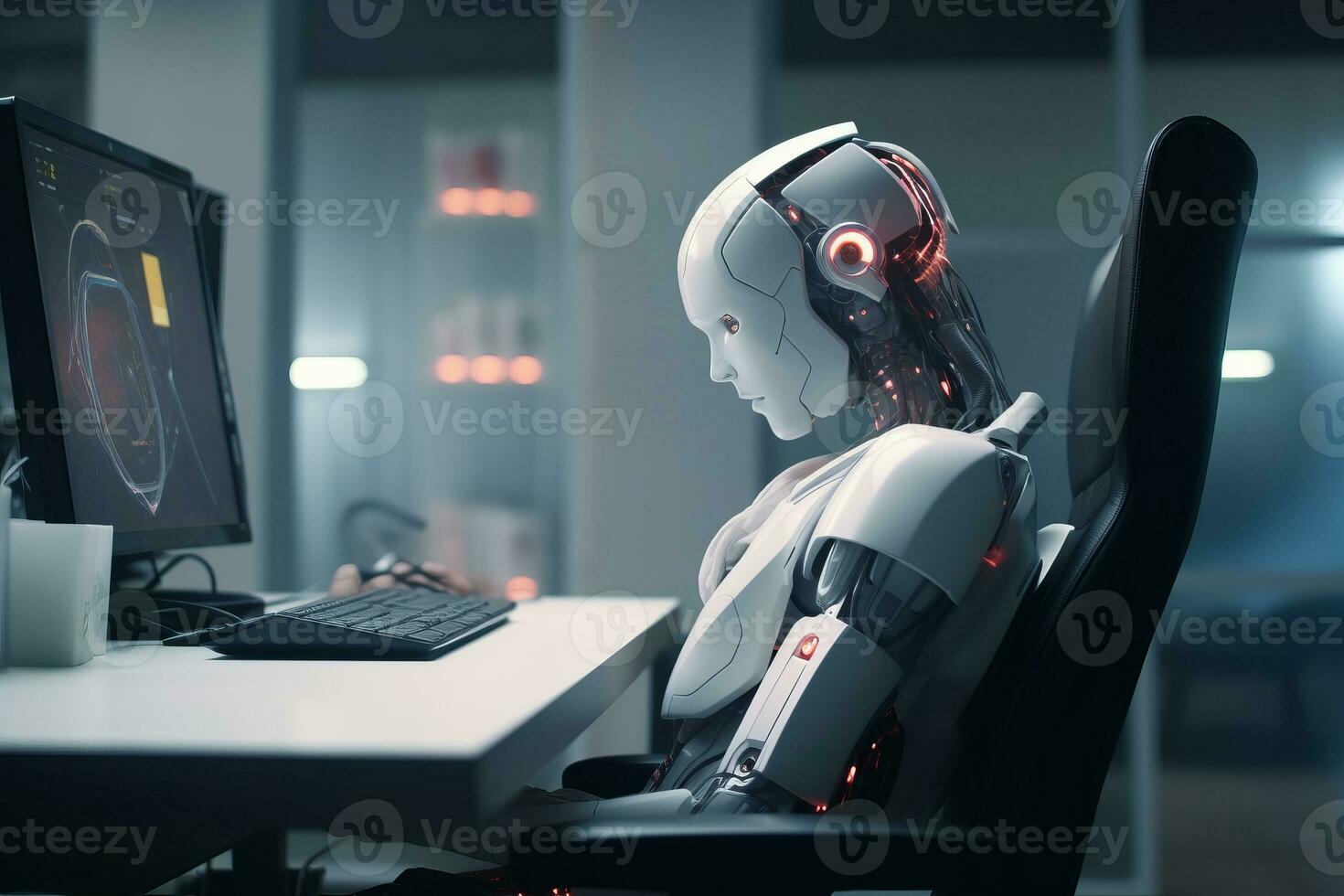 a robot sitting at a desk in front of a computer generative AI photo