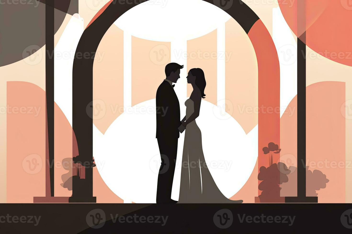 a silhouette of a bride and groom standing in front of an arch generative AI photo