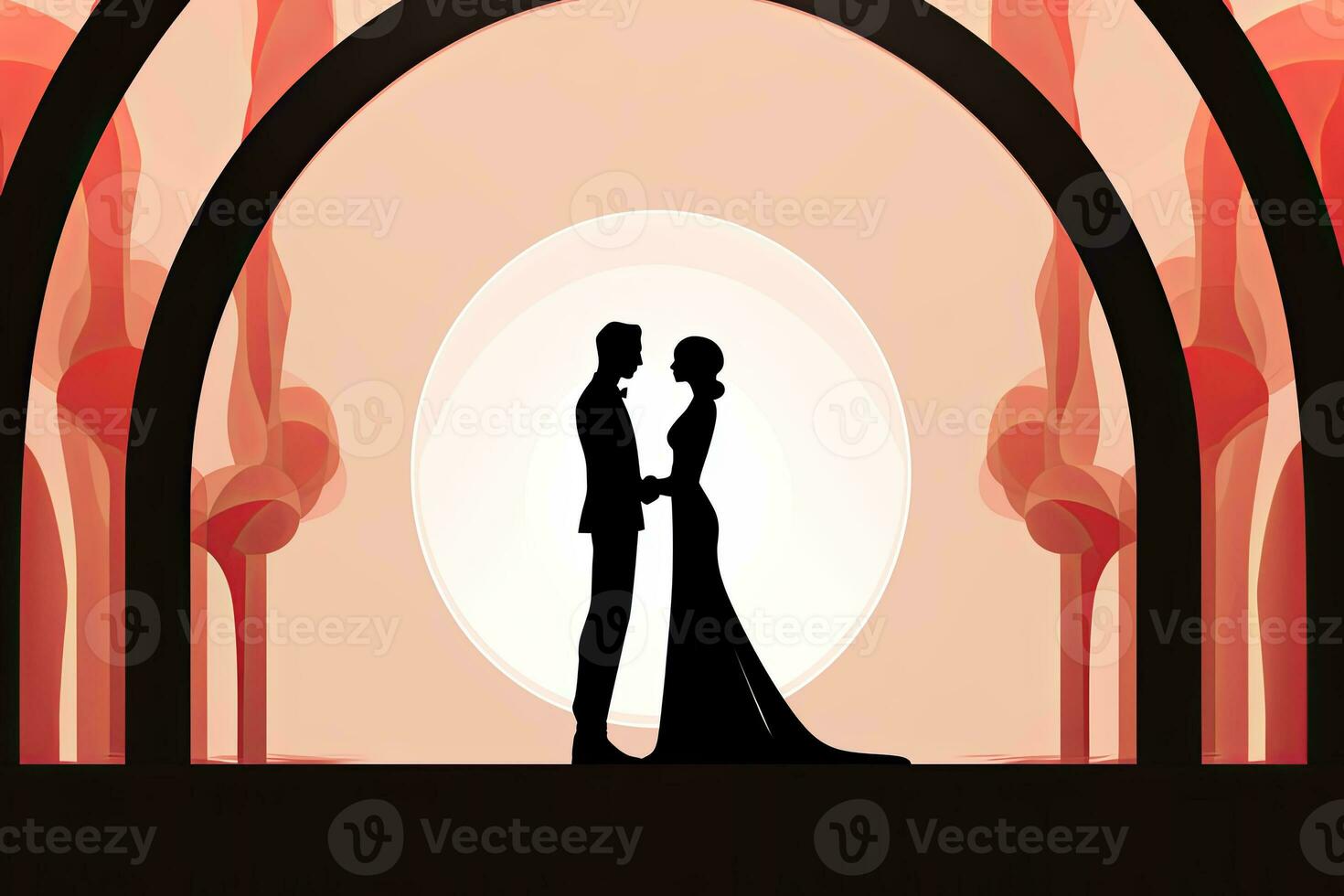 a silhouette of a bride and groom standing in front of an arch generative AI photo