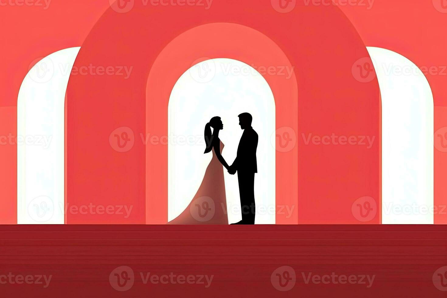 a silhouette of a bride and groom standing in front of a red arch generative AI photo