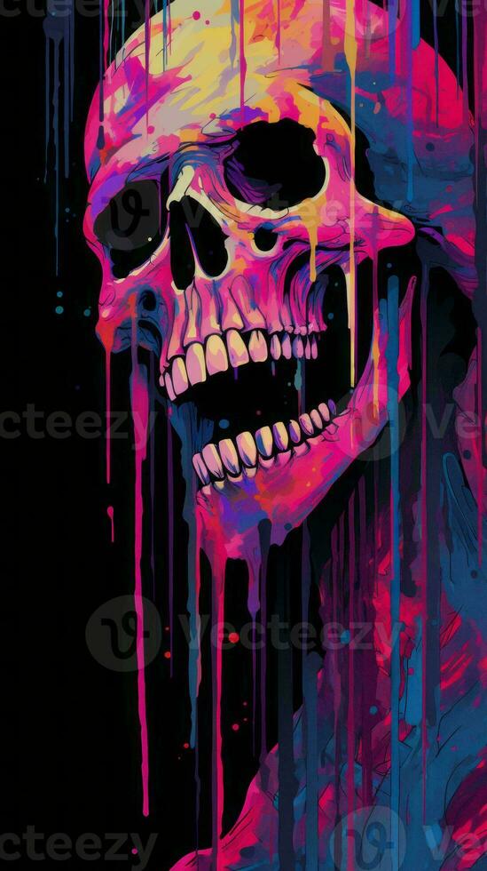 a skull with colorful paint dripping down its face generative AI photo