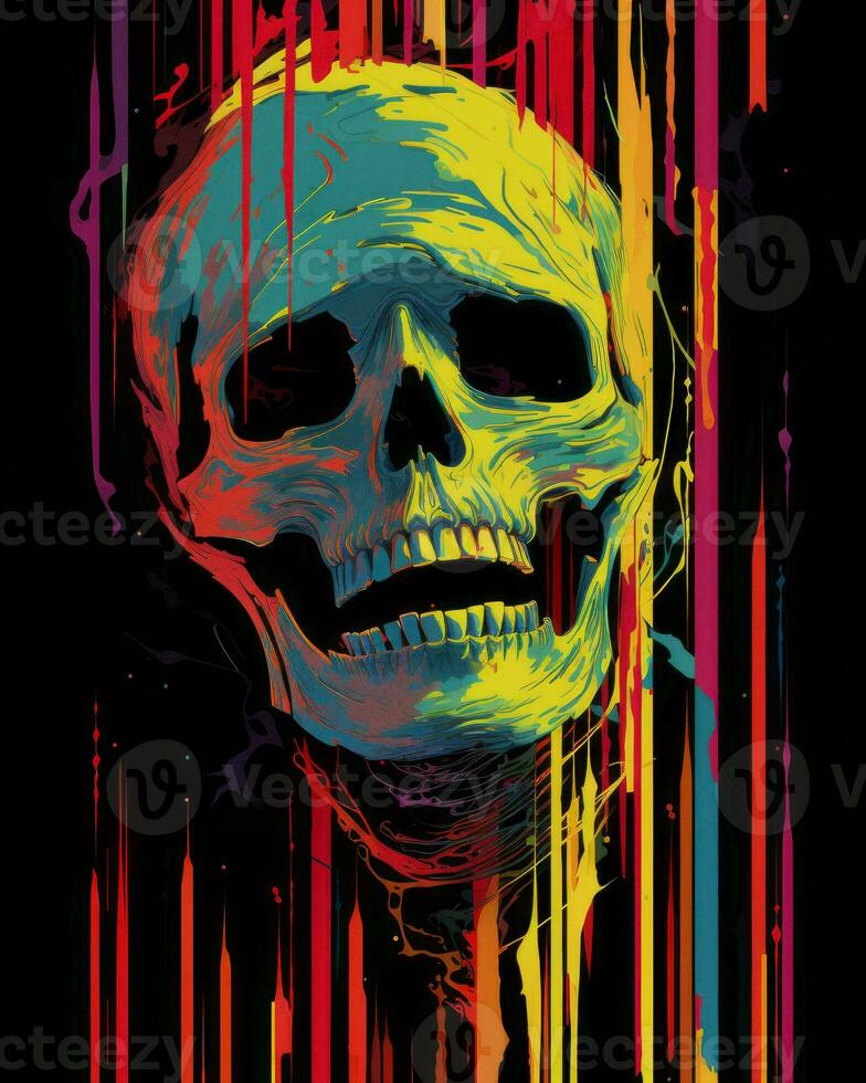 a skull with colorful paint dripping down its face generative AI photo