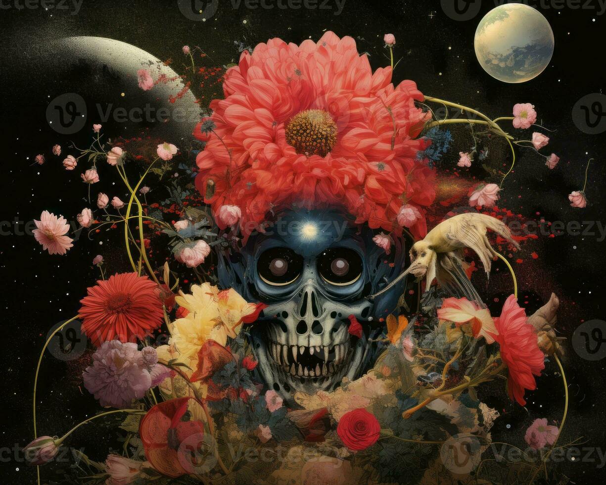 a skull with flowers in its hair and a full moon in the background generative AI photo