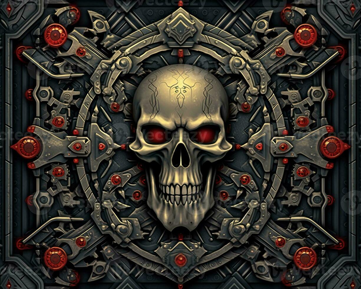 a skull with red eyes and red eyes in the center of an ornate frame generative AI photo