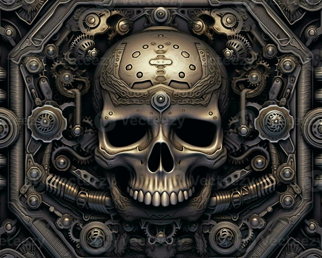 a skull surrounded by gears on a black background generative AI photo