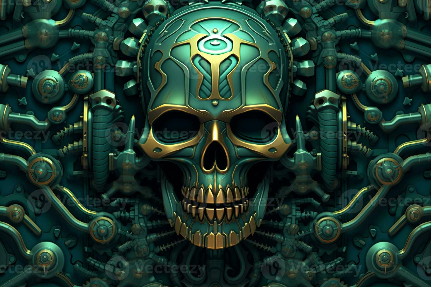 a skull with gears on it in the middle of a green and gold background generative AI photo