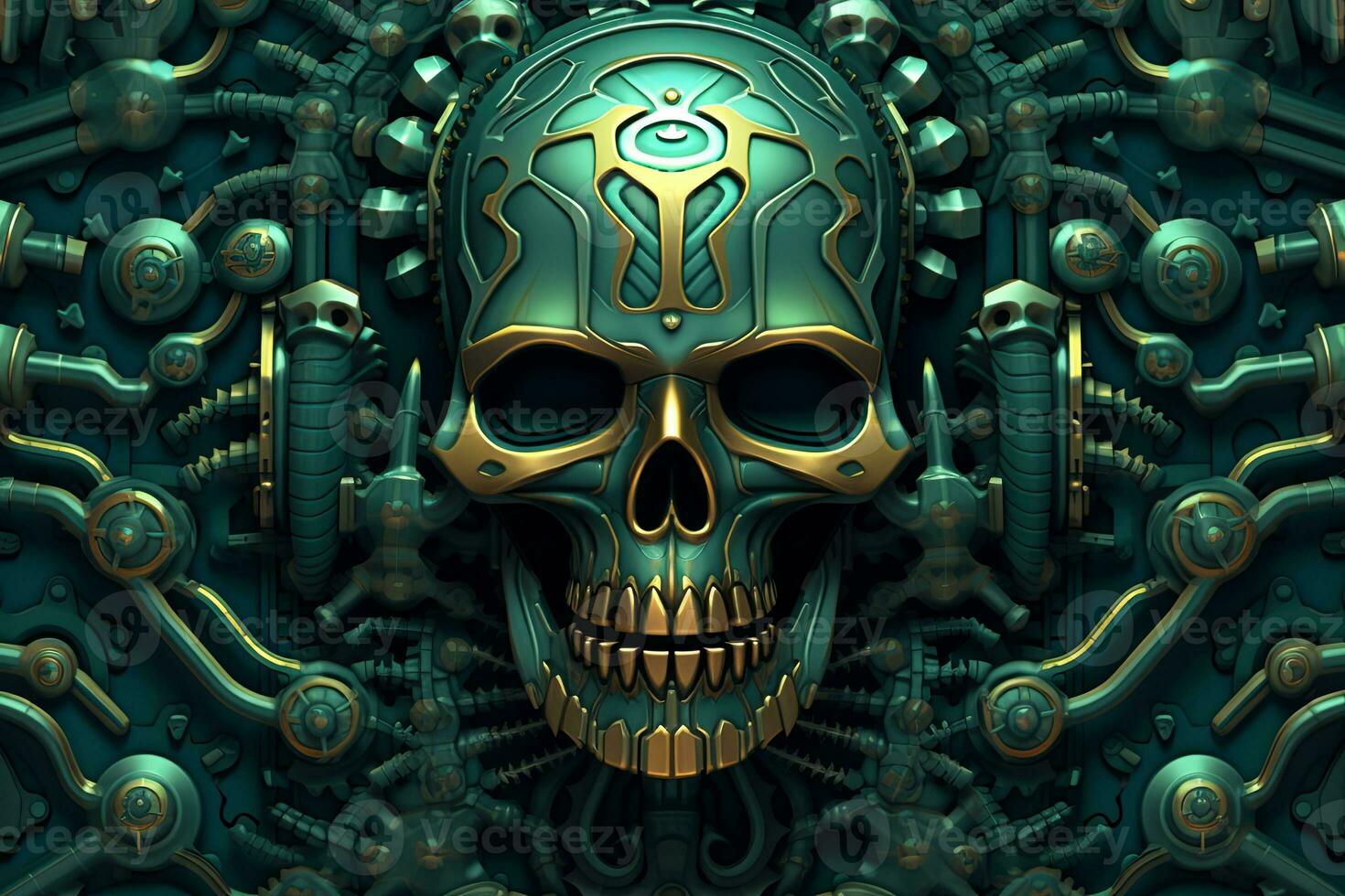 a skull with gears on it in the middle of a green and gold background generative AI photo