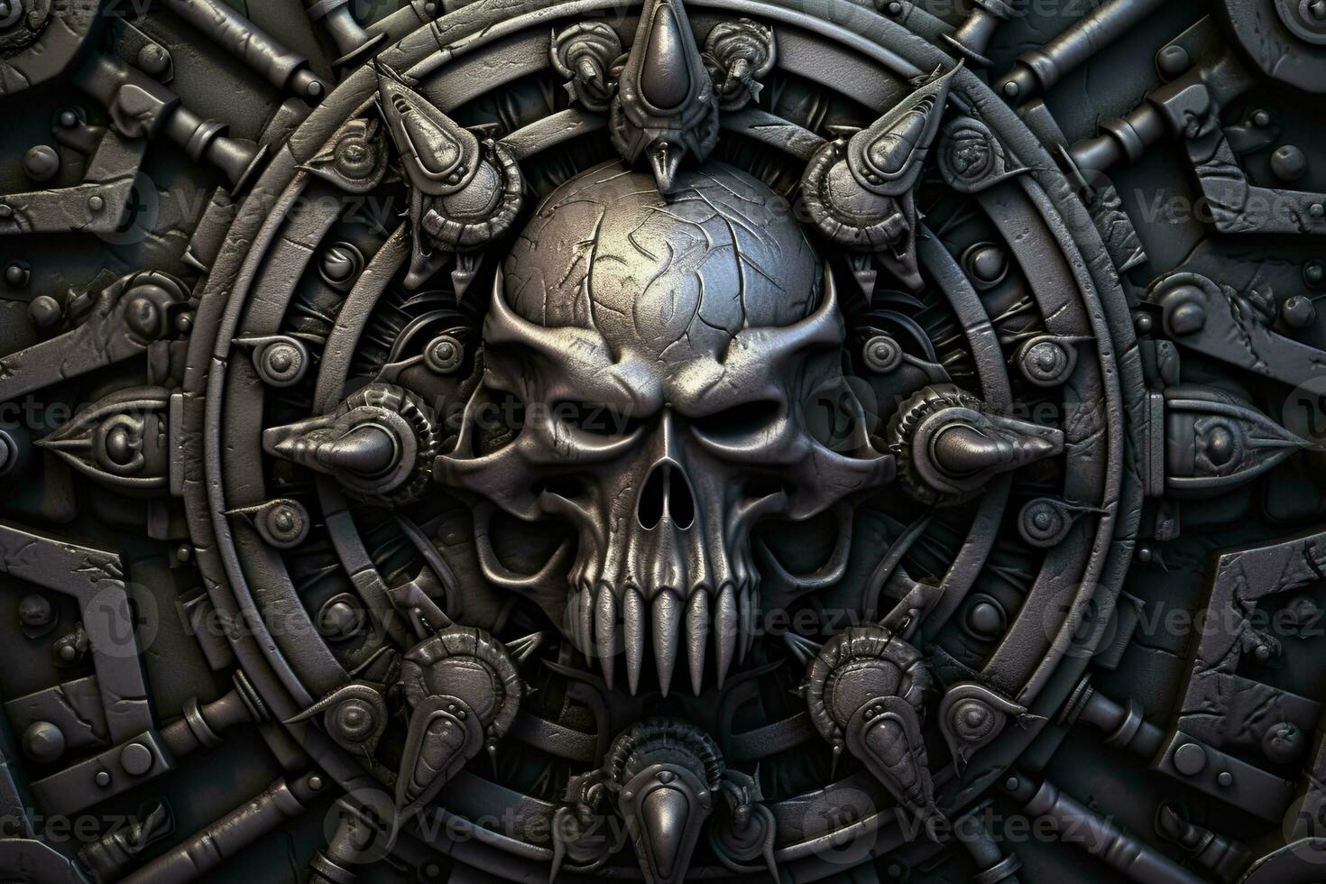 a skull with spikes on it in the middle of a black background generative AI photo