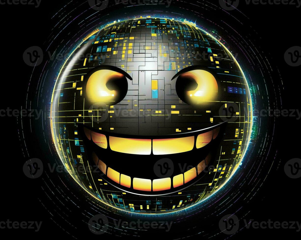 a smiley face with glowing eyes on a black background generative AI photo