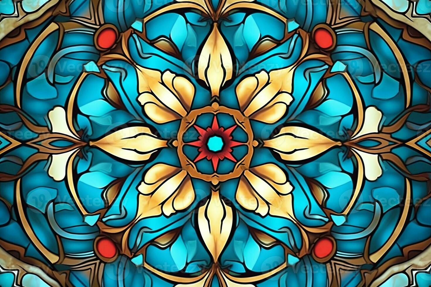 a stained glass design with blue and red flowers generative AI photo