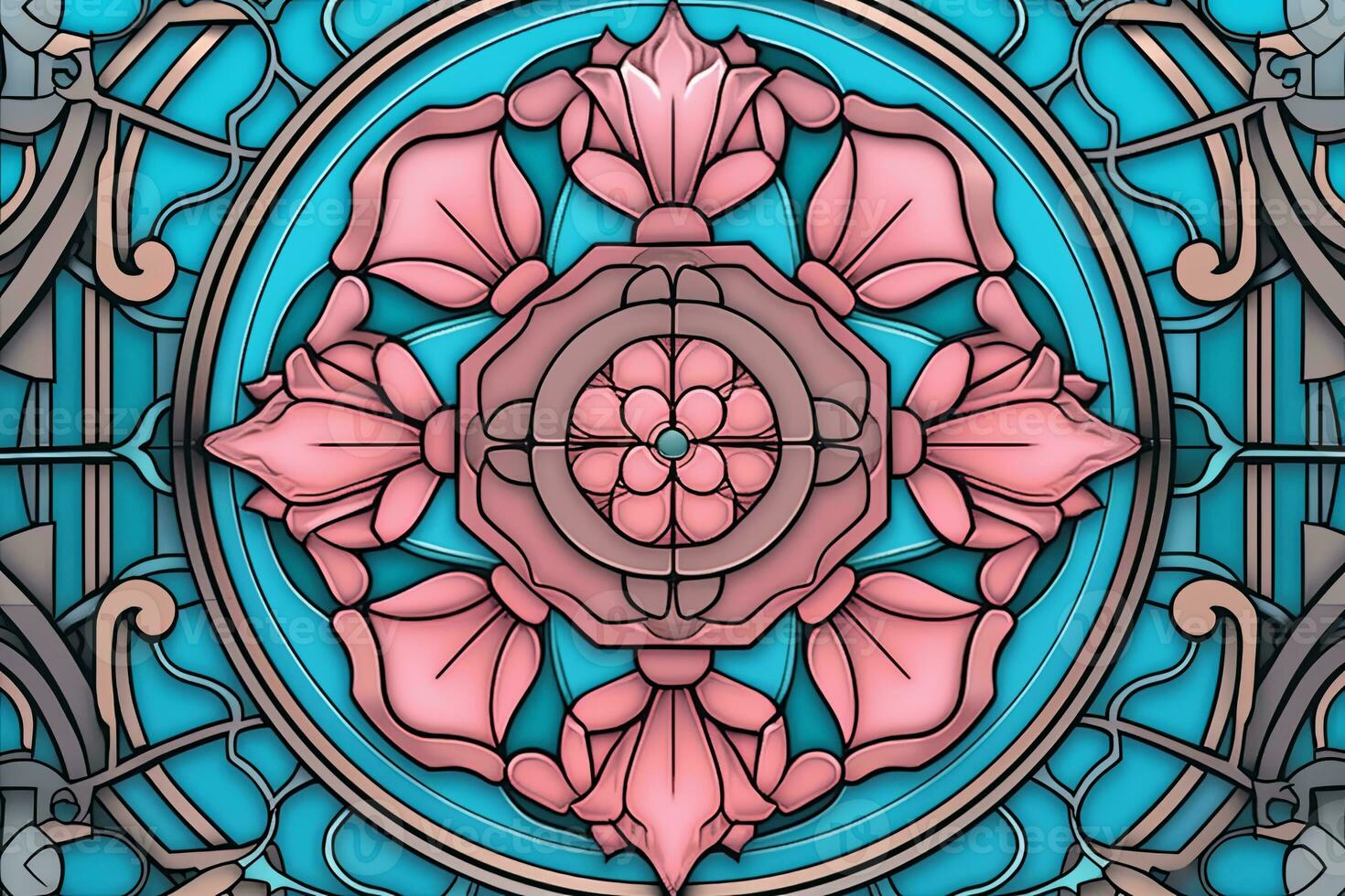 a stained glass design with pink and blue flowers on a blue background generative AI photo