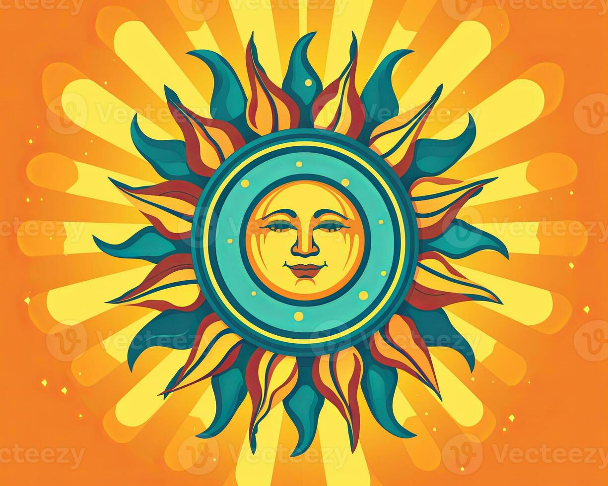 a sun with a face and rays on an orange background generative AI photo
