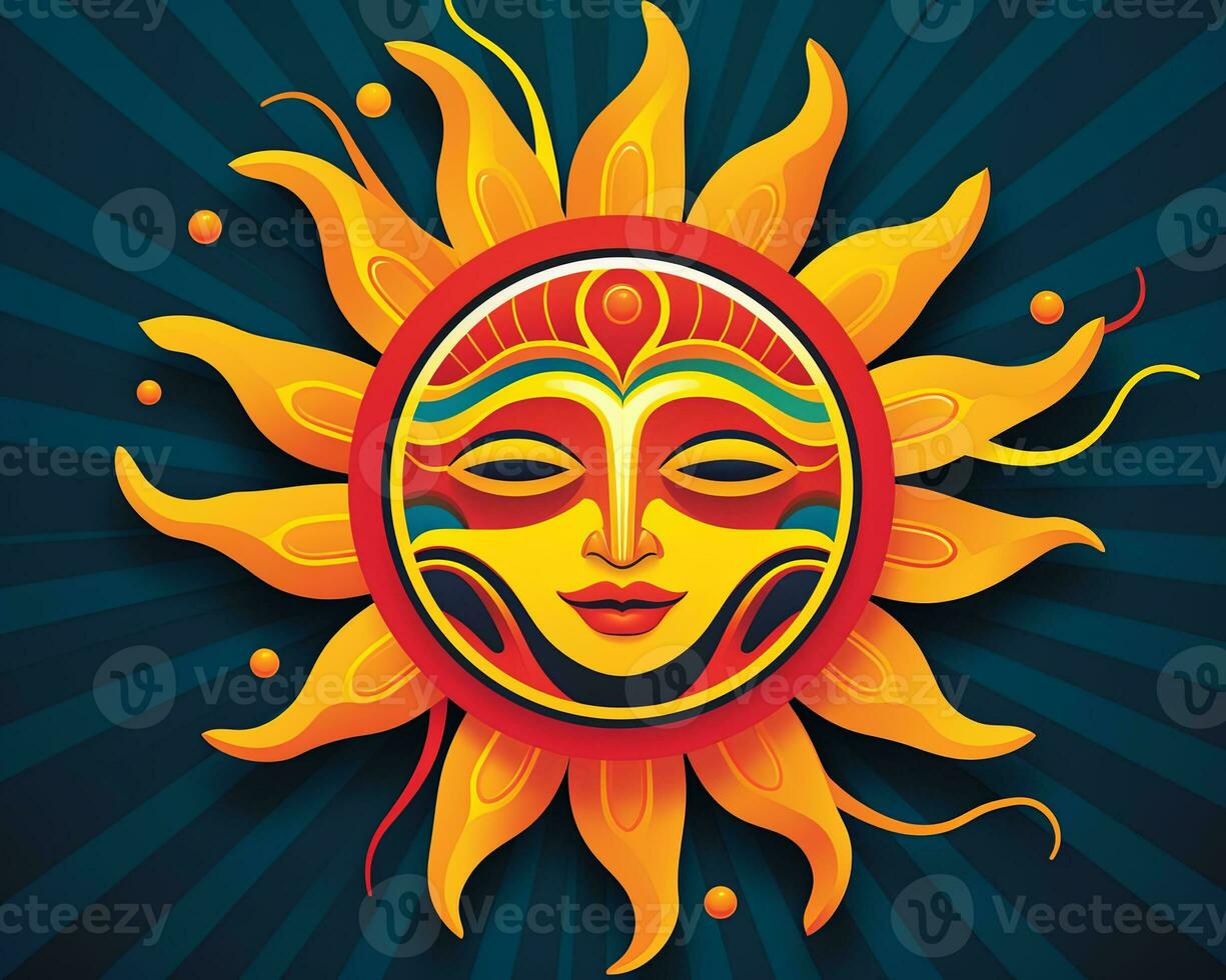 a sun with a face on a blue background generative AI photo
