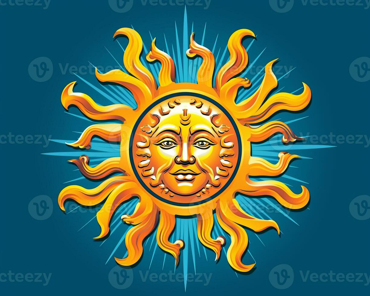 a sun with a face and rays on a blue background generative AI photo