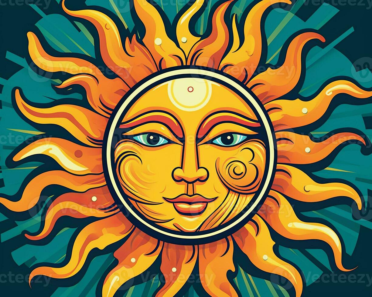 a sun with a face and eyes on a blue background generative AI photo