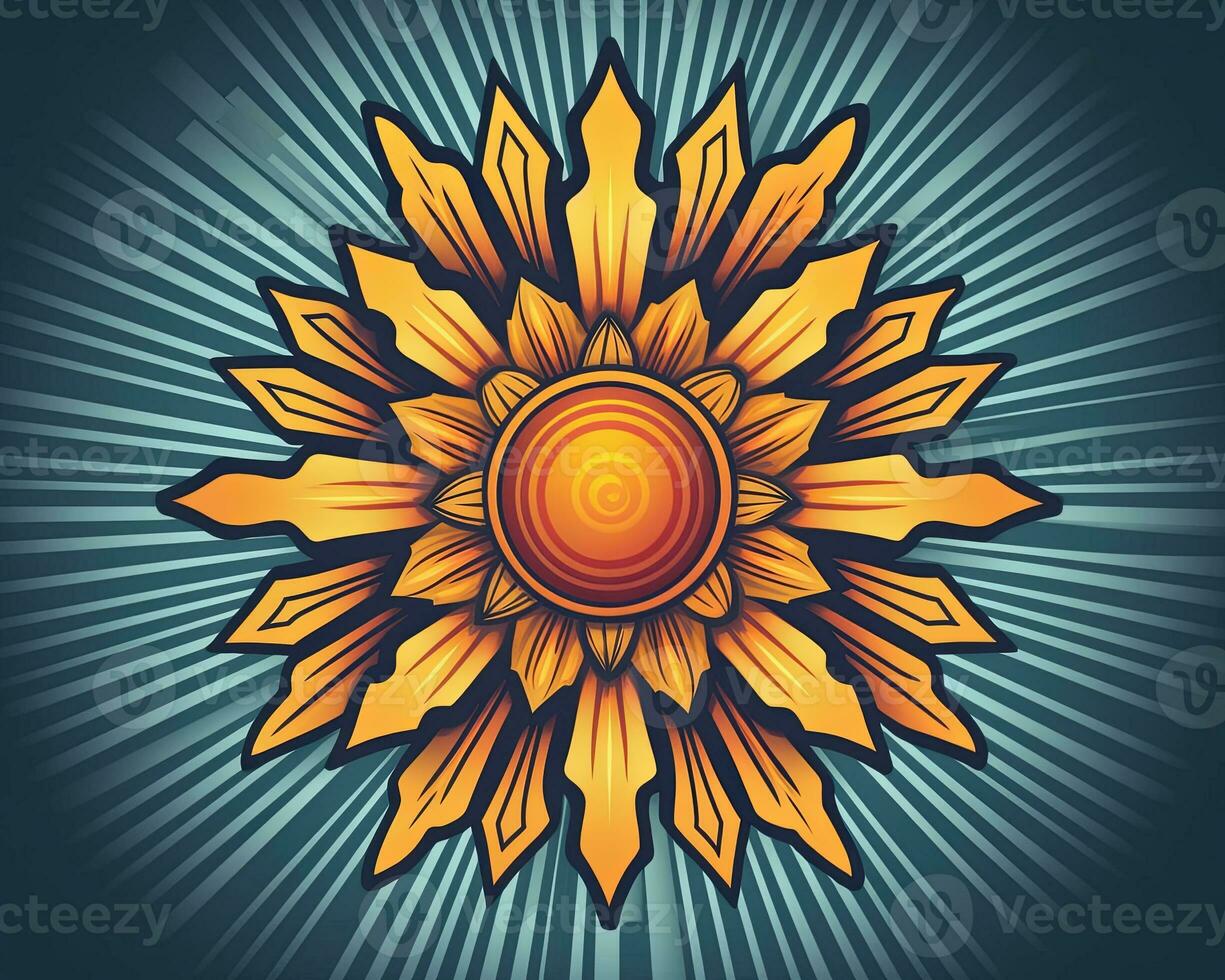 a sunflower with rays on a dark blue background generative AI photo