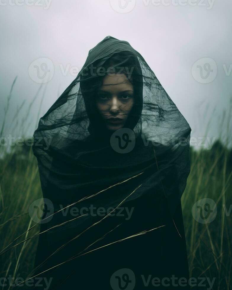 a woman in a black cloak standing in a field generative AI photo