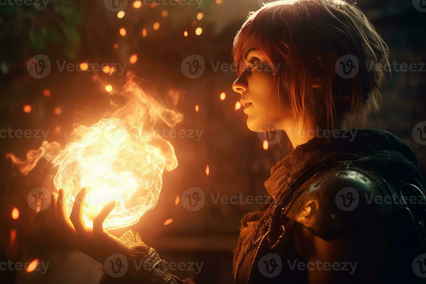a woman holding a fire ball in her hands generative AI photo