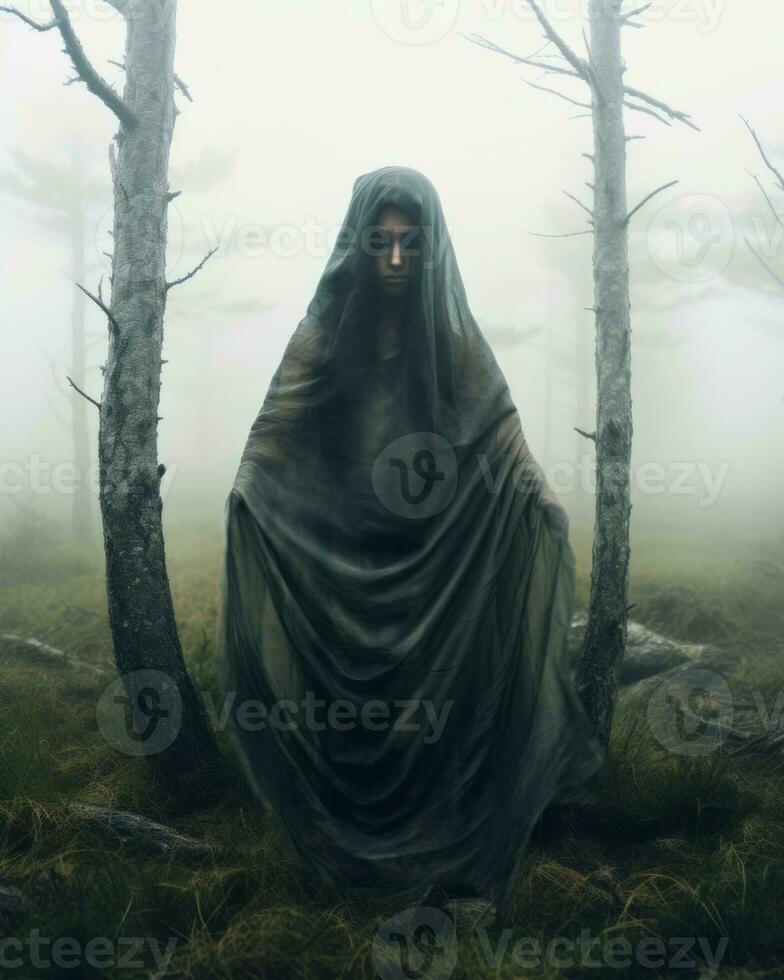 a woman in a black cloak standing in the middle of a foggy forest generative AI photo