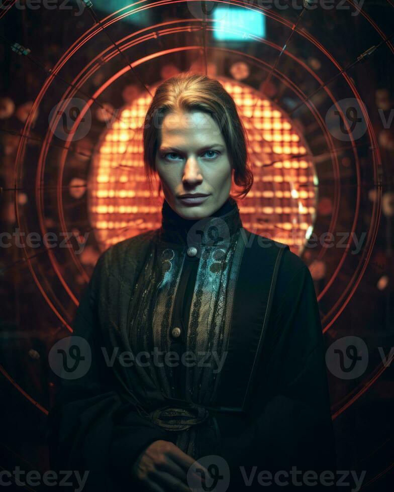 a woman in a black dress standing in front of an orange circle generative AI photo