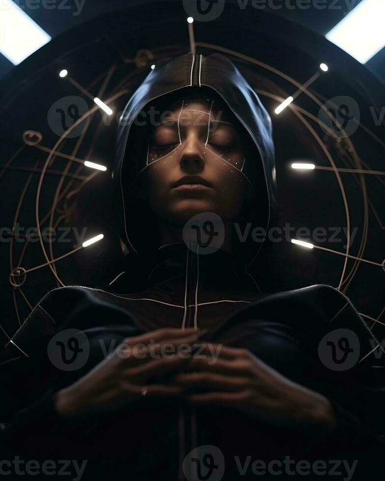 a woman in a black hoodie is sitting in front of a circular object generative AI photo