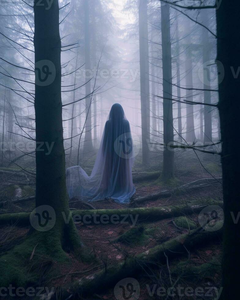 a woman in a blue cloak standing in the middle of a forest generative AI photo